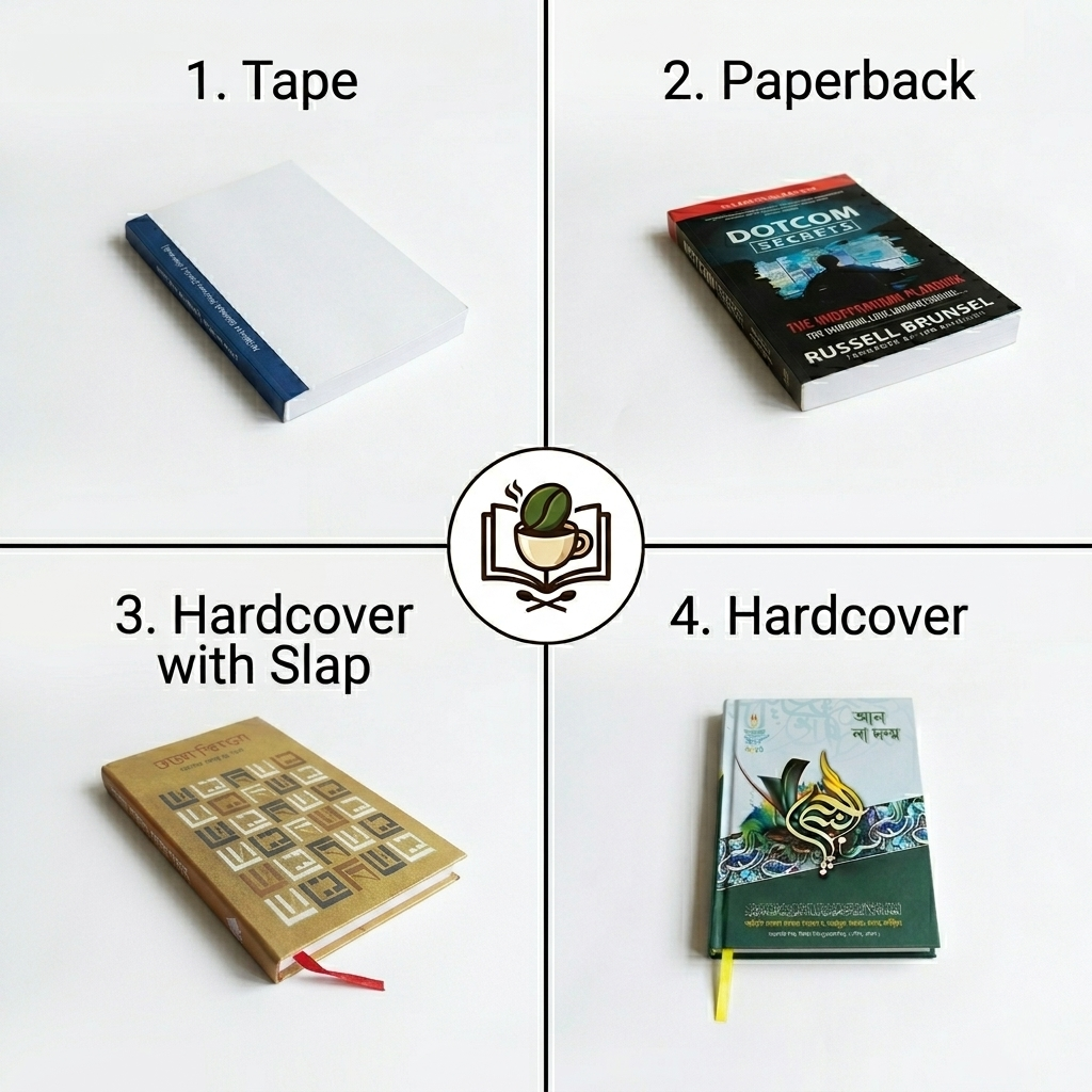 Binding types — Tape, Paperback, Hardcover with Flap, Hardcover